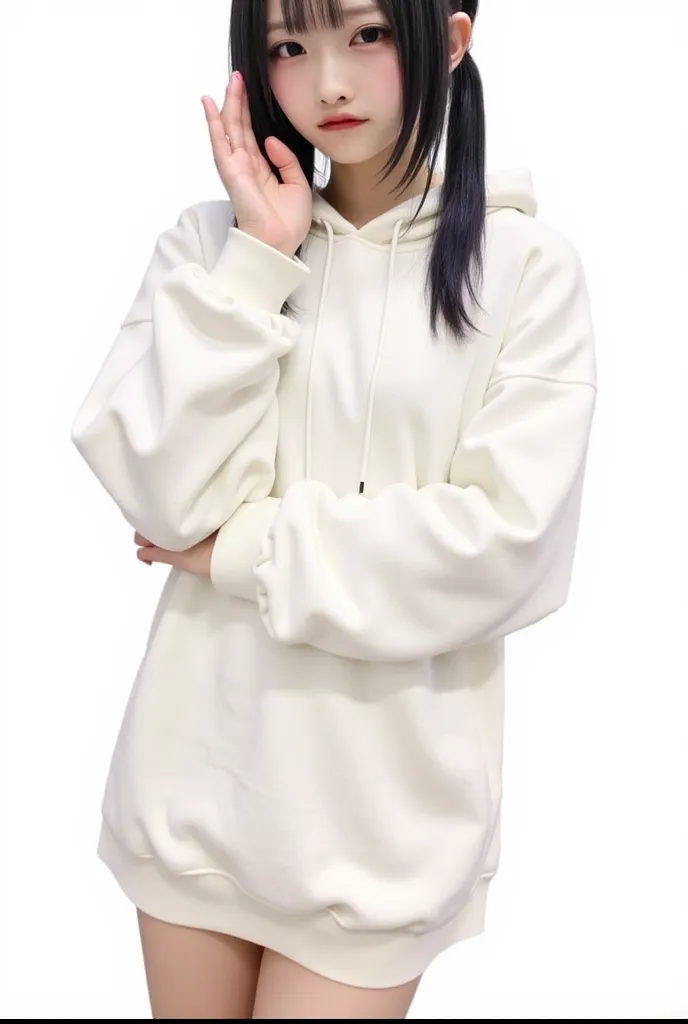 Japanese young twin-tail hair,silver hair in two beds,healthy skin color,Rounded outline,gentle eyebrows ,round eyes,sagitales,J off-white hoodie dress、Baggy、Wear Moesode　She is hugging JK with black hair and a semi-long white long-sleeved T-shirt and a ve...