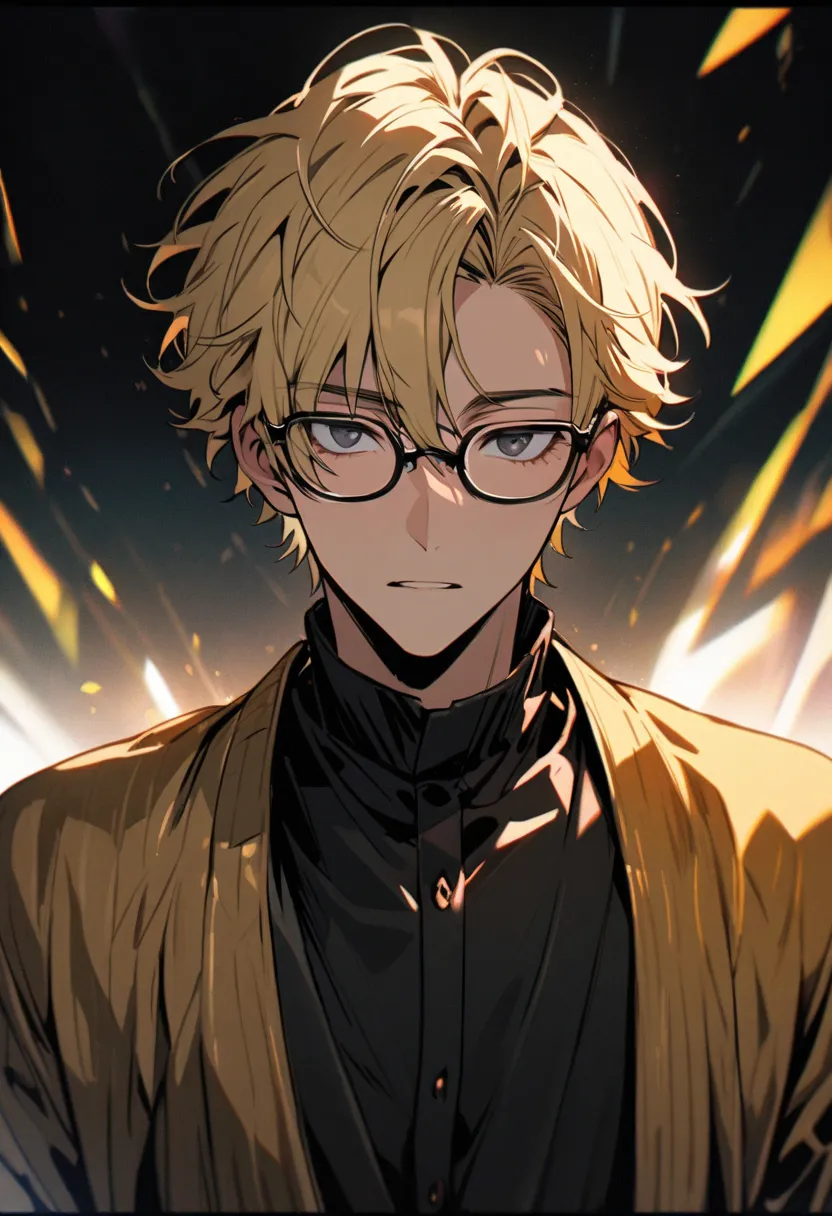 male, solo, handsome,  black  eyes, handsome, blond hair, short hair, beautiful eyes, beautiful color, high detail, front view, glasses, innocent