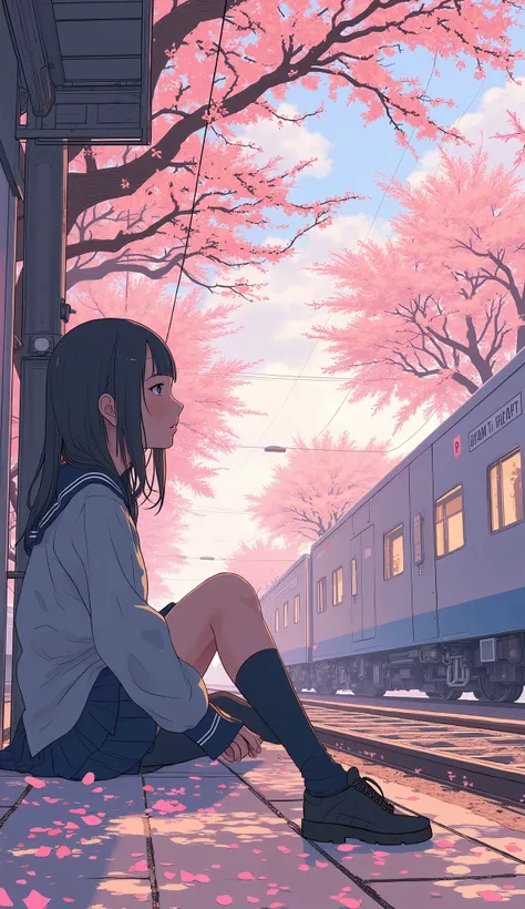 taken from below、駅のホームの地面に座ってcherry blossomsを眺める女子高生がいます, sakura season, season!! : 🌸 ☀ 🍂 ❄, cherry blossomss, cherry blossoms trees, cherry blossoms, this is beautiful, cherry blossom tree in the background, 豊かなcherry blossoms, 背景にcherry blossomsの木, cher...
