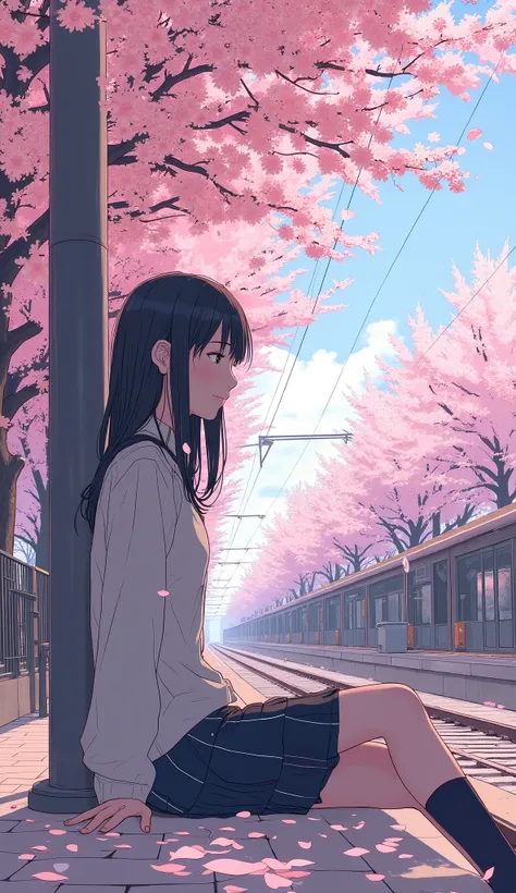 taken from below、駅のホームの地面に座ってcherry blossomsを眺める女子高生がいます, sakura season, season!! : 🌸 ☀ 🍂 ❄, cherry blossomss, cherry blossoms trees, cherry blossoms, this is beautiful, cherry blossom tree in the background, 豊かなcherry blossoms, 背景にcherry blossomsの木, cher...