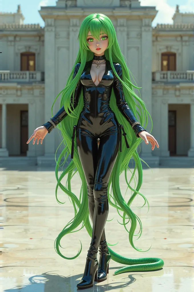 (Masterpiece butt:1.0), (better_quality:1.0), Firm feet,  I look at the spectator , 8K,  a girl, One, Girl character from the anime Hunter x Hunter with long green snake hair ( wearing clothes. (black latex shirt:1.2), (latex pants), high, CollarbOne, late...