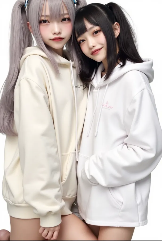 Japanese young JK　Duo　twin tail hair,silver hair in two beds,healthy skin color,Rounded outline,gentle eyebrows ,round eyes,sagitales,J off-white hoodie dress、Baggy、Moe Sode　　 black hair　semi-long　 white long sleeve t-shirt　very short skirt　ren's room　hugg...