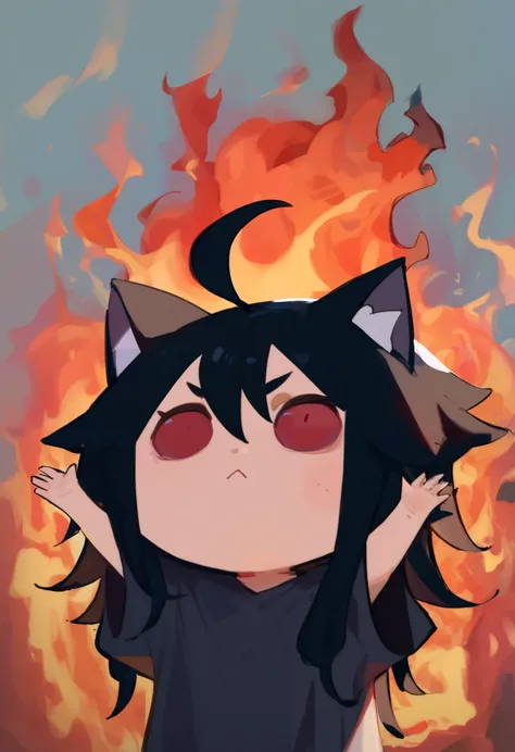 score_9, score_8_up, score_7_up, 1girl, chibi, arms up, fire, outstretched arms, upper Body, burning, cat ears, red eyes, long hair, black hair, (Ahoge), straight bangs, black clothes