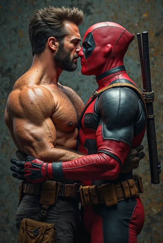 Half-naked Wolverine and Deadpool hugging each other with passion 