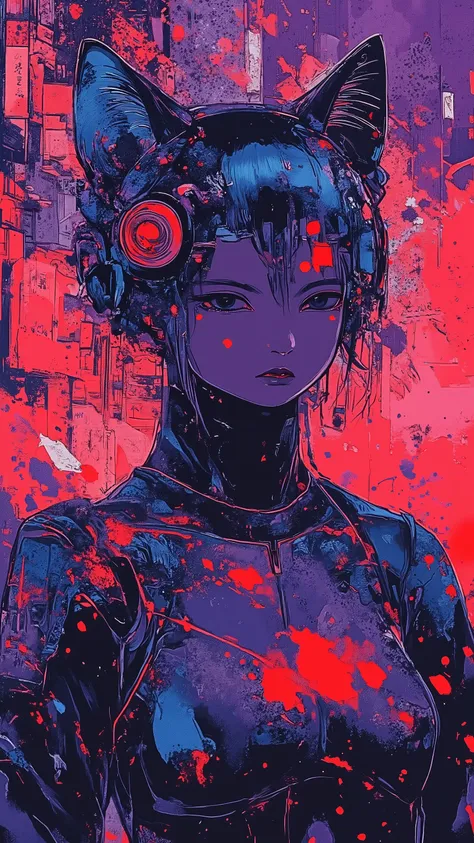 top-quality))、((masterpiece)、cyberpunked、young korean catgirl, revealing cyberpunk clothing, purples, blues, reds, (andy warhol), illustrated anime, retro style classic, no background, neon colorsplash background, glitter dust, ethereal, shiny skin,