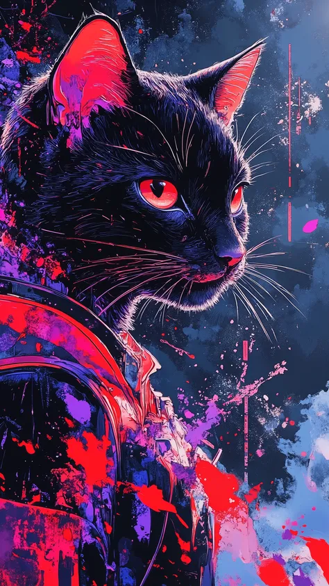 top-quality))、((masterpiece)、cyberpunked、young korean catgirl, revealing cyberpunk clothing, purples, blues, reds, (andy warhol), illustrated anime, retro style classic, no background, neon colorsplash background, glitter dust, ethereal, shiny skin,