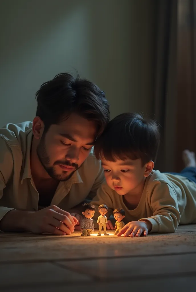 A father and a  son lying down watching little dolls in a room without much lighting