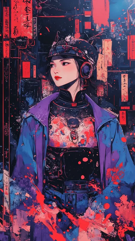 top-quality))、((masterpiece)、cyberpunked、young korean catgirl, revealing cyberpunk clothing, purples, blues, reds, (andy warhol), illustrated anime, retro style classic, no background, neon colorsplash background, glitter dust, ethereal, shiny skin,