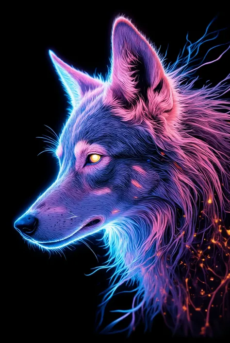 (Illumination art, written by Glow line, A wolf drawn with penetrating light), ( Closeup of Her Expression , dynamic), Sophisticated lighting art that rises on a black background, Express soft coat with sharp GlowingLine, turns howling into multi-colored l...