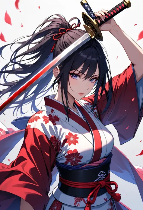Character "ATLAS", raise a sword female samurai, holding japanese \samurai\ sword, solo, wearing beautiful kimono, japanese traditional, rising the holding that to center top on her head ,