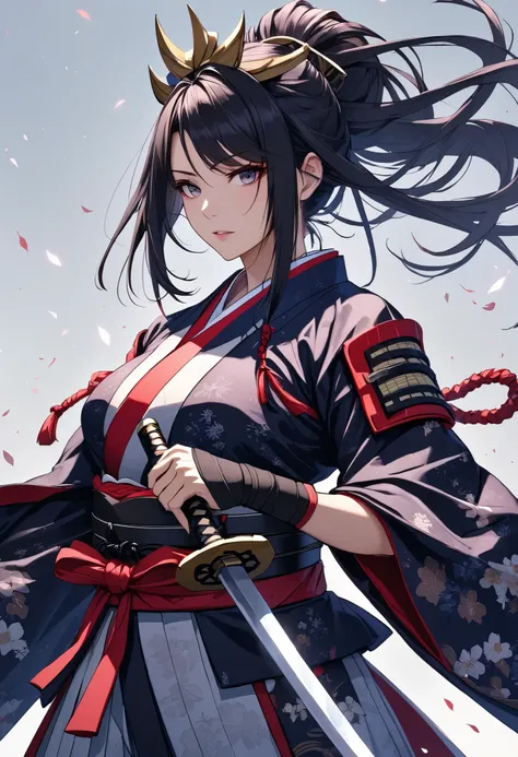 Character "ATLAS", raise a sword female samurai, holding japanese \samurai\ sword, solo, wearing beautiful kimono, japanese traditional, rising the holding that to center top on her head ,