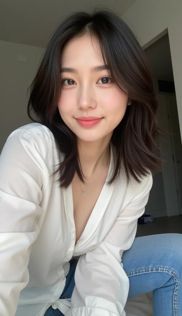 A first-person perspective playful smiling selfie of a 24-year-old female, Indonesian mix malay, (very light makeup) (slim) (oval face), wearing blouse and jeans, in the bedroom. monotone interior (masterpiece) (highest quality) (fair skin) (long-distance ...