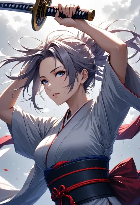 Character "Atlas", female, Alone, wearing beautiful kimono, japanese traditional, rising the holding that to center top on her head, holding japanese \samurai\ sword ,
break \Raise the sword held with both hands high above the sky, and hold her sword abov...