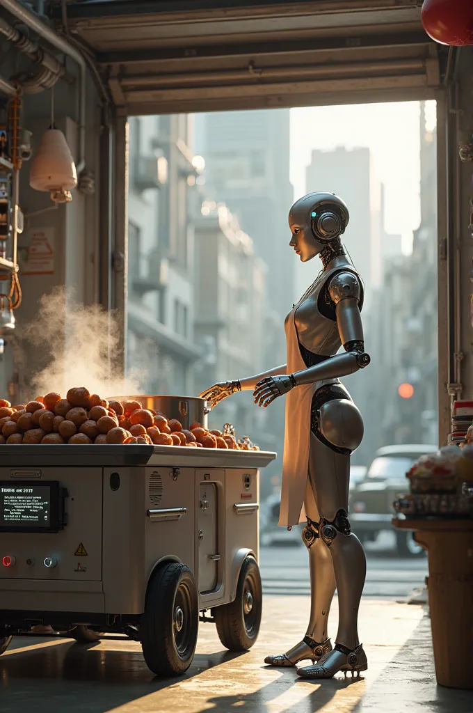 A futuristic humanoid robot with an elegant design, wearing an apron , is preparing a modern meatball cart inside a small garage. The cart has a large pot that gives off steam, neatly arranged spice rack, and a small digital screen to order. Bright morning...