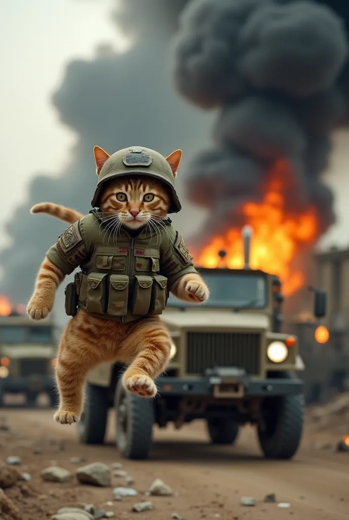 "A brave cat dressed in full Army gear, including a camouflage uniform and a tiny helmet, is leaping off the back of a military truck in a panic. Its eyes are wide with fear as it escapes from the vehicle. In front of it, another truck is engulfed in flame...