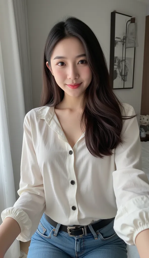 A first-person perspective playful smiling selfie of a 24-year-old female, Indonesian mix javanese, (very light makeup) (slim) (oval face), wearing blouse and jeans, in the bedroom. monotone interior (masterpiece) (highest quality) (fair skin) (long-distan...