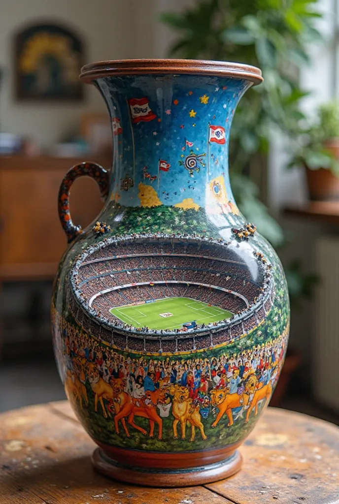 "A Marajoara vase with rustic Marajoara paintings from Pará and the Amazon, on the floor in a corner of the room, stands on a rustic table and is in a corner as an ornament in a beautiful modern room. The vase is open in the middle and inside it is a minia...