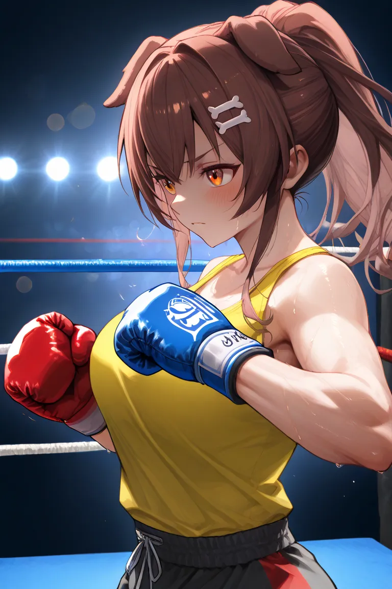 high quality,4K,8k, ultra-fine in 8K,HDR,UHD,Ultra Fine Art,Sharp Focus,physics-based rendering,Super Detail,Professional,vivid colors,Bokeh,indoor,Workout Gym,Inugami King/Hololive,Sportswear,yellow tank top,black pants,sweat,serious face,natural light,so...