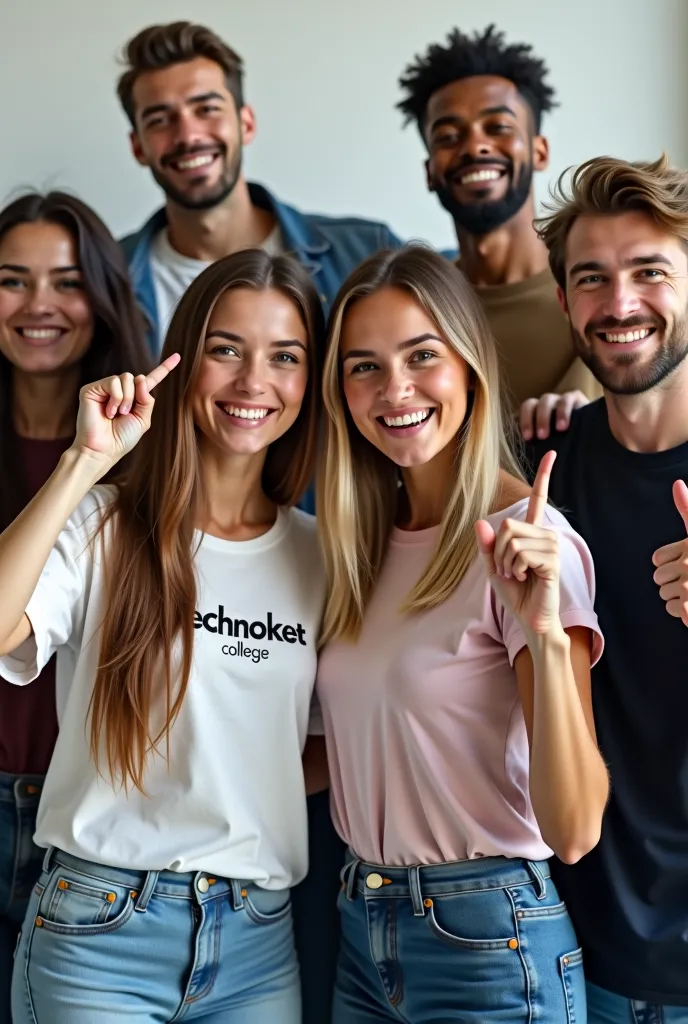 a fun photo of  high school students from various countries posing, high quality, ultra realistic, all happy, A photo for 8 people,  masterpiece, high definition, among them is a black girl and a man of far eastern origin, they posed in fun poses, is very ...