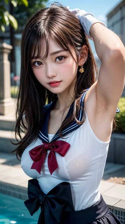 Sailor Moon、 red and gold ribbon 、Sailor MoonCrystal、Big Breasts、Japanese high school girl alone wet 、masterpiece 、  top quality 、  Ultra-fine、 realistic、 Dazzling sunlight、 RAW photo 、4K Ultra HD、1080P、 oily skin、 brown eyes、 black hair、 wet straight hair...