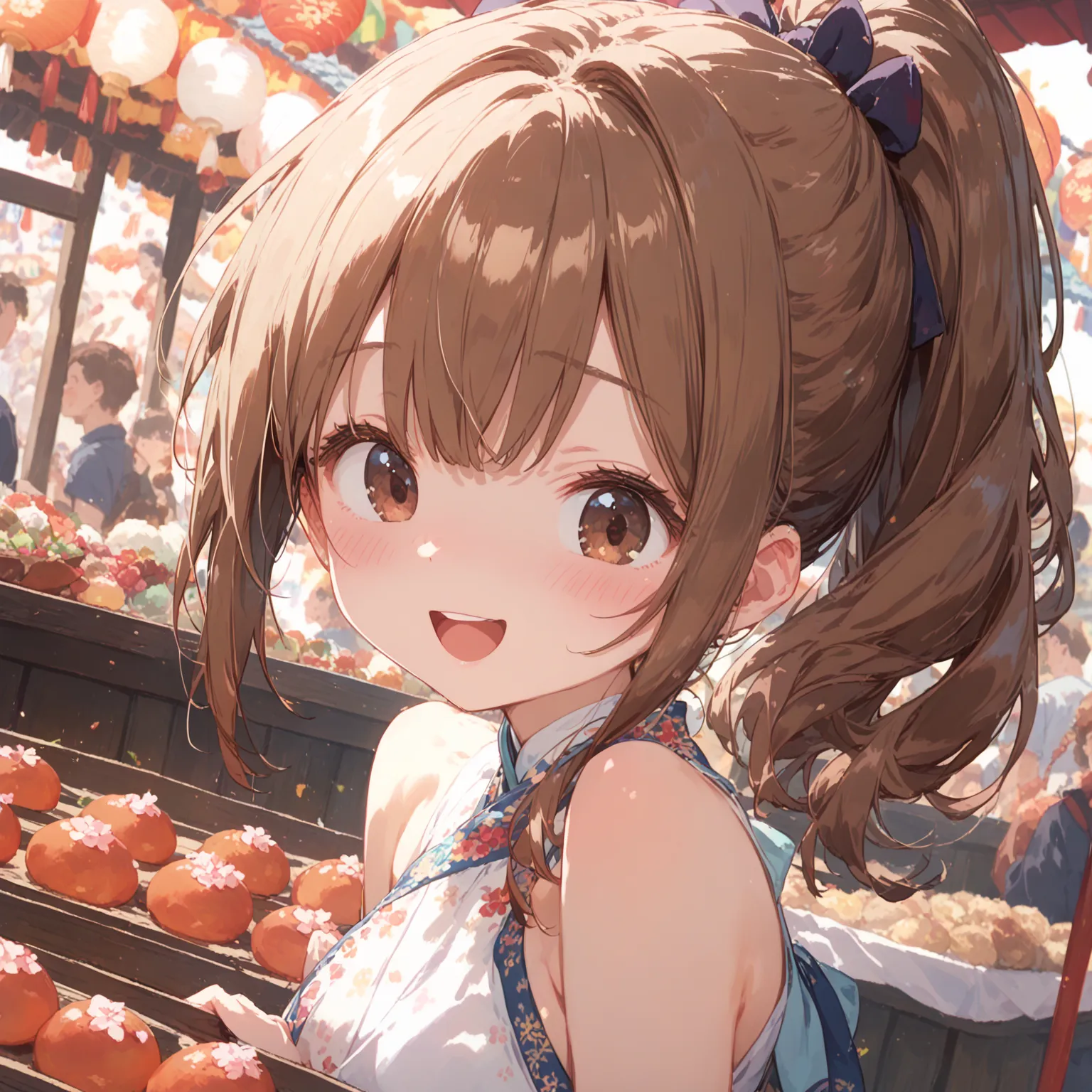 detailed takoyaki ,detailed japanese festival , close up slim girl, 1 girl, brown hair ponytail big brown eyes , Masterpiece, ultra quality, bestshot, ultra detailed small slim face ,  blush shy ,happy delicious surprised