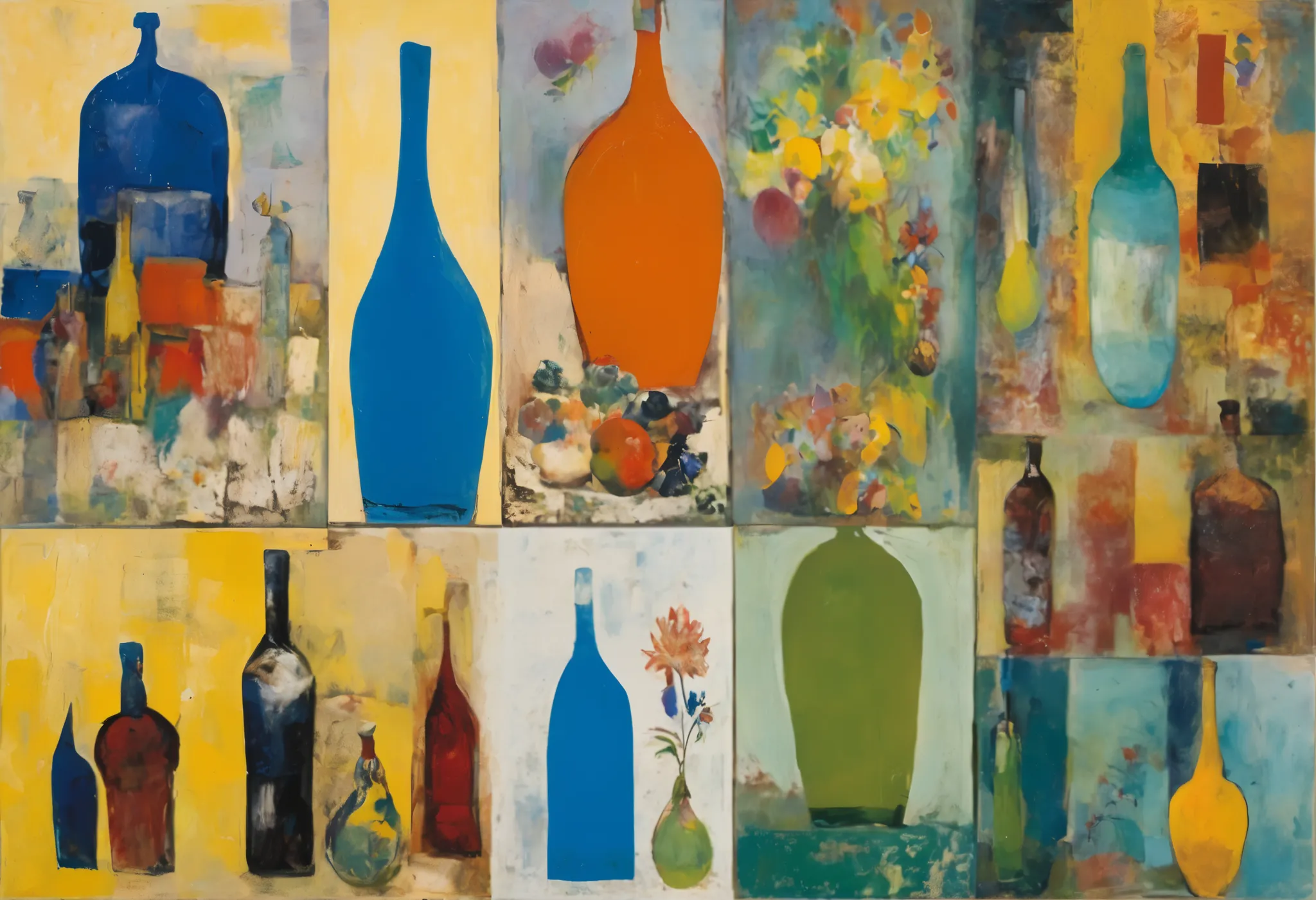  paintings , bottle, and bottle, by Margaret Leiteritz, by Mordecai Ardon, by Judy Kasab, inspired by Mordecai Ardon, by Géza Udvary, Brenda Chamberlain, inspired by Betty Churcher, Ruth Abraham's, influenced by Domenico di Pace Beccahumi