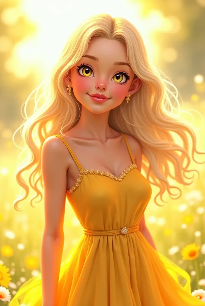  Cheer up with your beautiful wavy hair very light blonde with your very light lemon-colored eyes wearing the yellow Florído dress with a beautiful sweet smile
