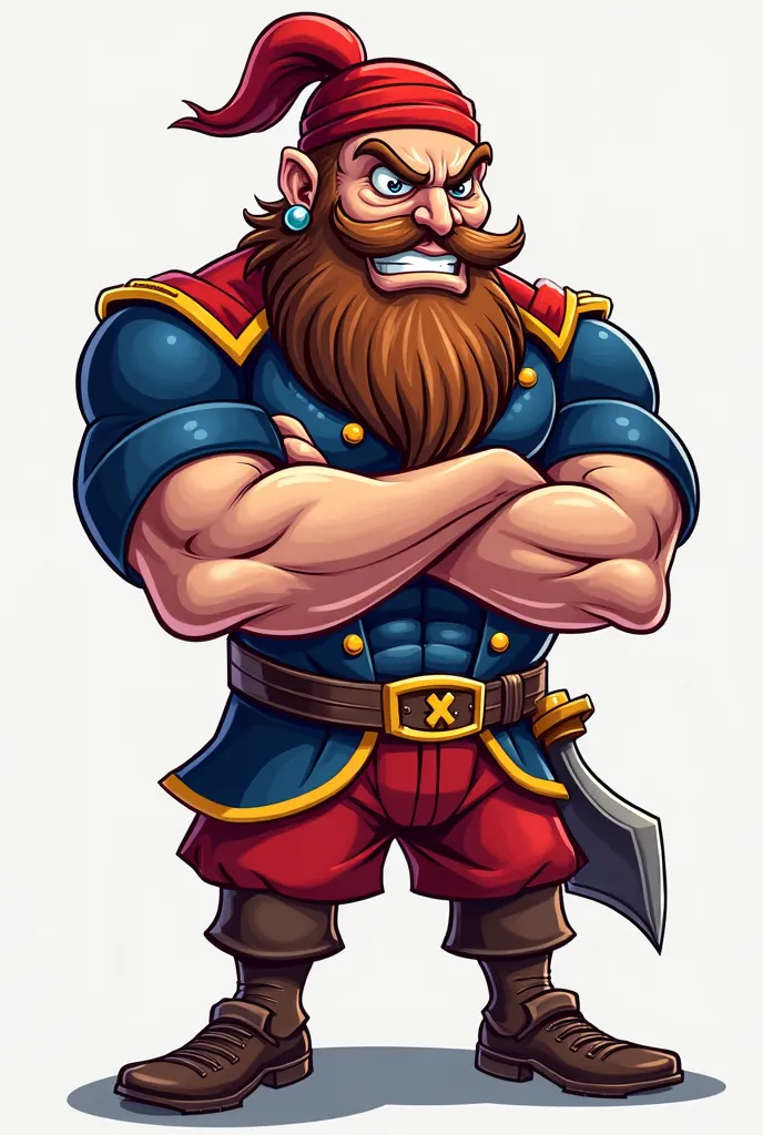 soccer mascot , PIRATE ,   Eye Slap, barbarian , chapéu de PIRATE, earring , Muscular , half body, arms crossed, navy blue and red uniform, earring de argola, Furious, half body, cartoon, long beard, always