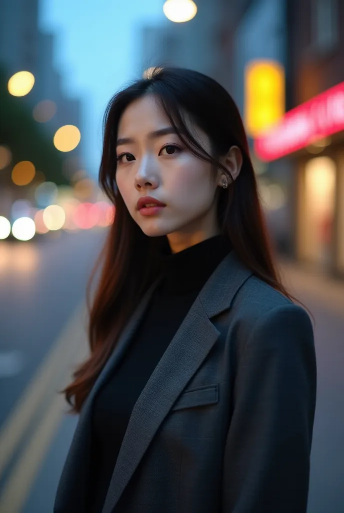 Portrait of a young East Asian (Korean) woman with a harmonious and well-defined face. Her fair skin has a subtle, natural glow under the soft, diffused lighting of an urban evening. Her almond-shaped eyes, possibly brown or hazel, are highlighted by long ...