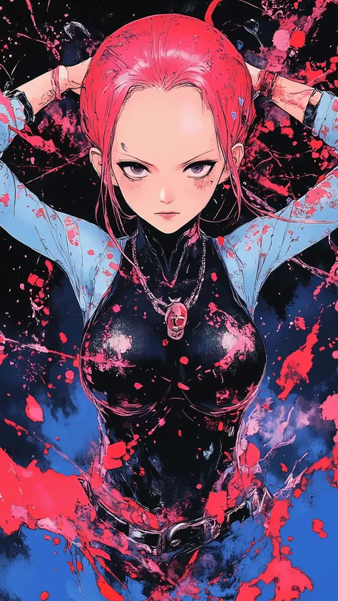 Perona from One Piece, big breasts, underboob, pink hair, black eyes, gothic punk clothing, arms behind back, black background, looking down at viewer, (eyes looking off to side), Highly detailed, Amazing work,Vitreous luster, blues, purples, pinks, Best q...