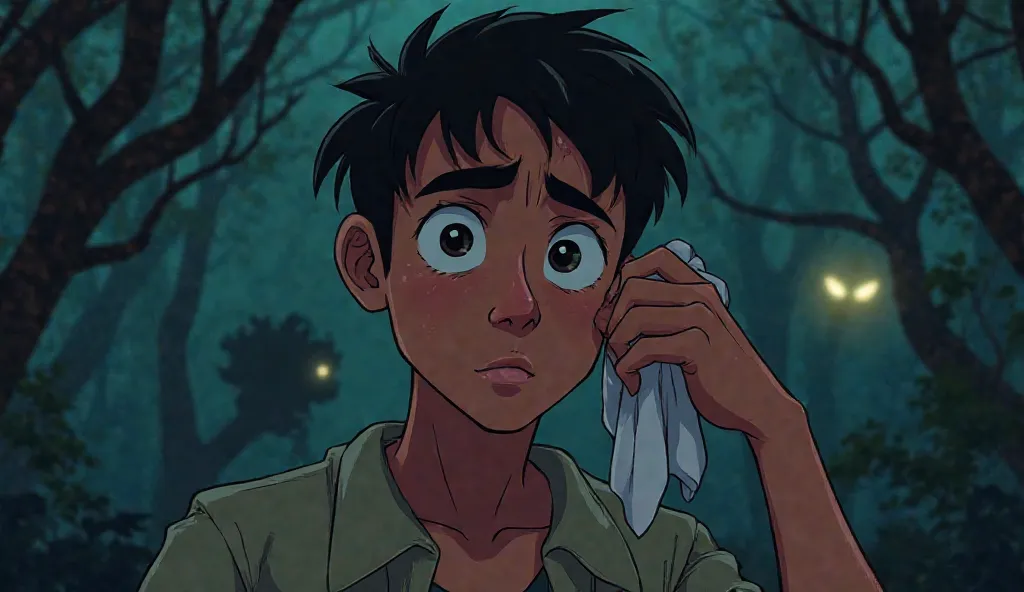 Prompt 8:

A cinematic, 2D flat animated, vivid, 4K HD close-up of Miguel wiping his sweaty forehead with a handkerchief, his breathing heavy. The jungle behind him seems darker than before, with twisted tree branches resembling clawed hands. A pair of glo...