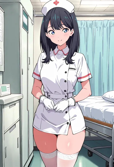 Score_9, score_8_up, score_7_up, rikka takarada, black hair, long hair, blue eyes, (small breasts:0.7), thick thighs, (best quality), (high quality), {masterpiece}, extremely delicate and beautiful, ultra-detailed, beautiful detailed eyes, nurse, nurse hat...