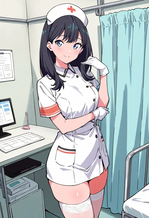 Score_9, score_8_up, score_7_up, rikka takarada, black hair, long hair, blue eyes, (small breasts:0.7), thick thighs, (best quality), (high quality), {masterpiece}, extremely delicate and beautiful, ultra-detailed, beautiful detailed eyes, nurse, nurse hat...