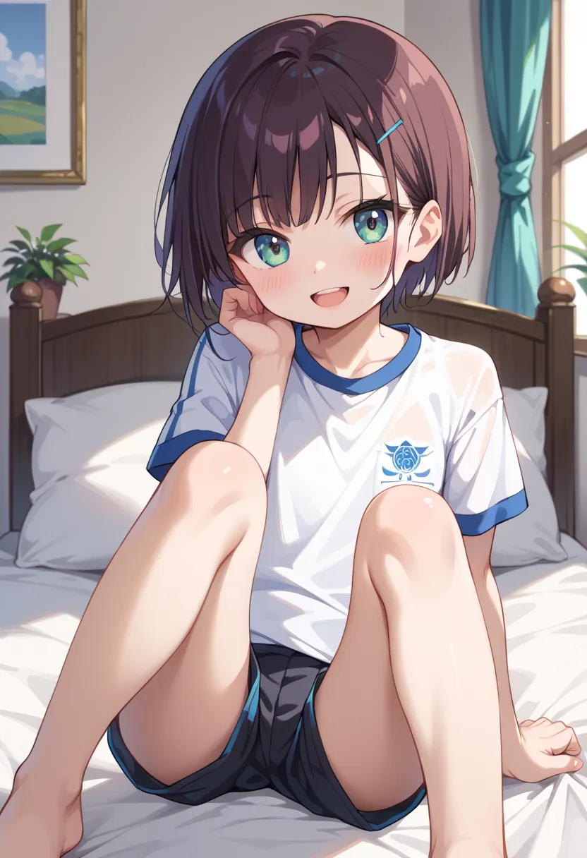 ((top quality)), ((masterpiece)), (be familiar with), perfect face, indoor, bedroom, watching viewers,
One woman, Mikazuki Kan,
Open Mouth, ecstatic expression, blushes, smile,
 small tits, flat chest, Young girl,  lori,  ,  girl,
Short Hair, short hair,
 ...