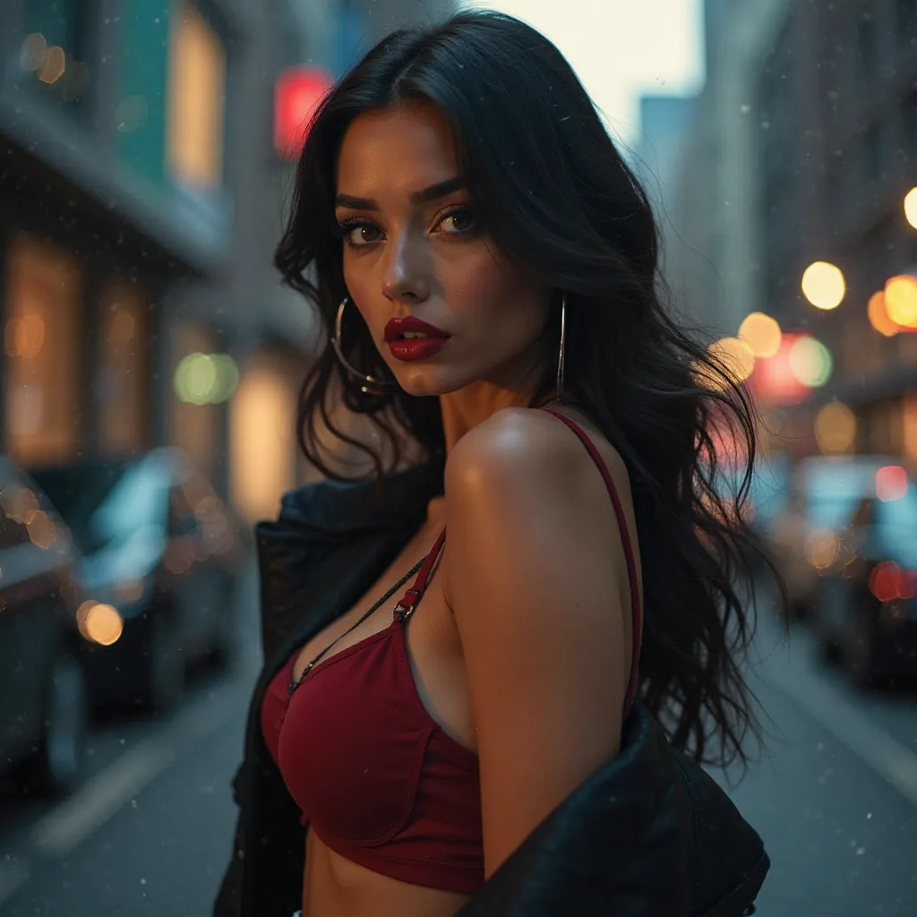 "A high-definition, glamorous, and stylish portrait of a confident, hot, and sexy woman, with bold makeup, fashionable attire, and a sultry pose. Cinematic lighting and a trendy urban backdrop."