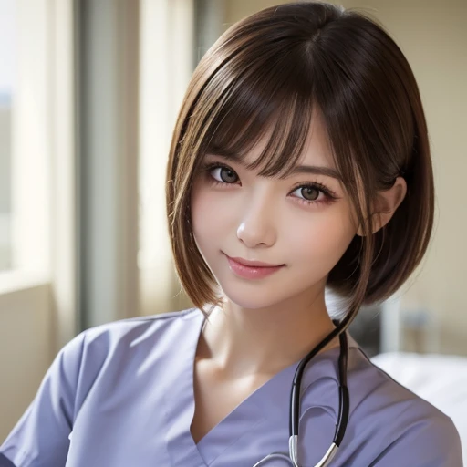 one girl, (beautiful girl,  Delicate Girl:1.3), (:1.3),
break, (Nurse Costume:1.3),
break, (sitting on a hospital bed:1.2),
break, Very Beautiful Eyes, (has symmetrical eyes:1.3),
break, small breasts, brown eyes, split bangs, brown hair, (Upper teeth, bes...