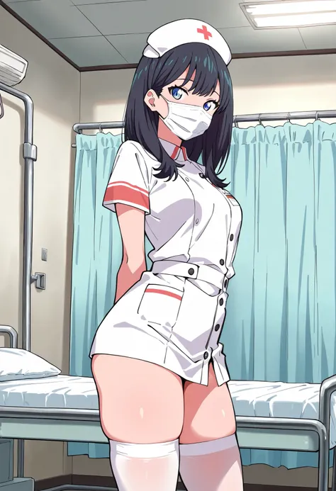 Score_9, score_8_up, score_7_up, rikka takarada, solo, black hair, long hair, blue eyes, (small breasts:0.7), thick thighs, (best quality), (high quality), {masterpiece}, extremely delicate and beautiful, ultra-detailed, beautiful detailed eyes, nurse, nur...