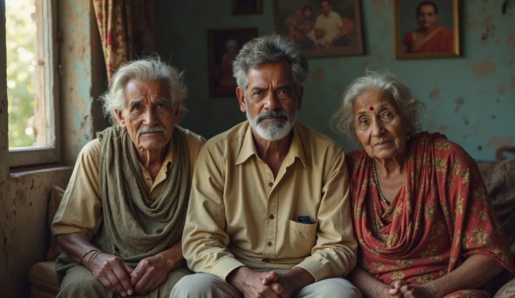 a 30 year old Indian man and his 60 year old parents are sitting in living room of a shabby house in village.