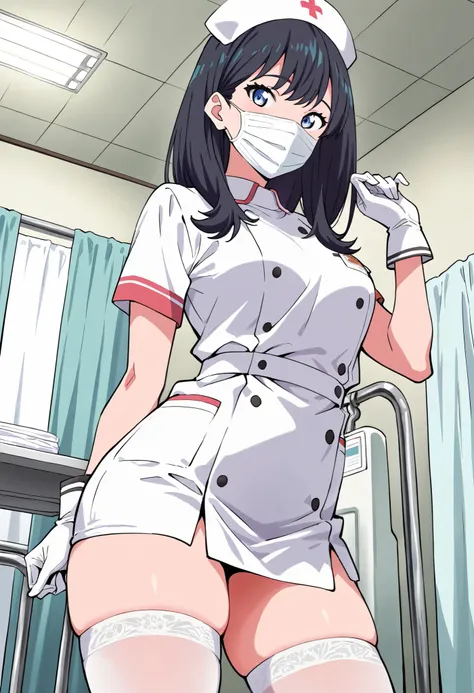 Score_9, score_8_up, score_7_up, rikka takarada, solo, black hair, long hair, blue eyes, (small breasts:0.7), thick thighs, (best quality), (high quality), {masterpiece}, extremely delicate and beautiful, ultra-detailed, beautiful detailed eyes, nurse, nur...