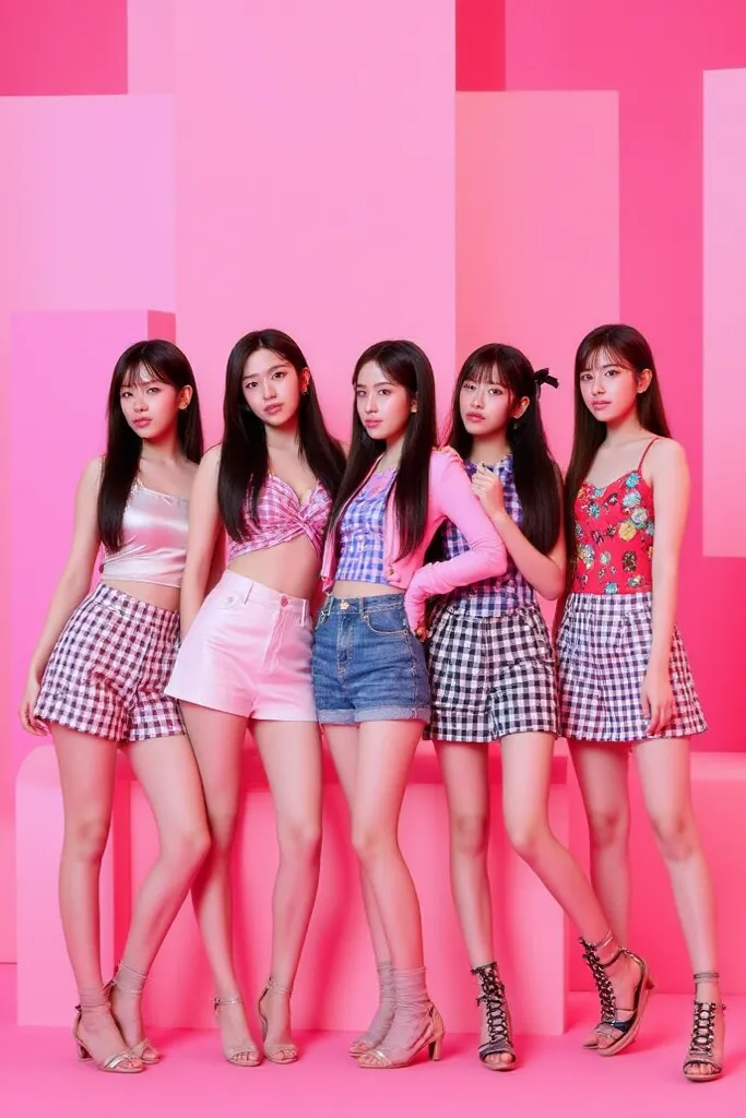 Five Korean girls in a pre-debut album on a pink kpop background 