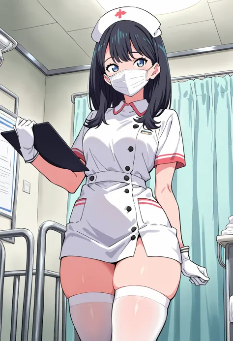 Score_9, score_8_up, score_7_up, rikka takarada, solo, black hair, long hair, blue eyes, (small breasts:0.7), thick thighs, (best quality), (high quality), {masterpiece}, extremely delicate and beautiful, ultra-detailed, beautiful detailed eyes, nurse, nur...