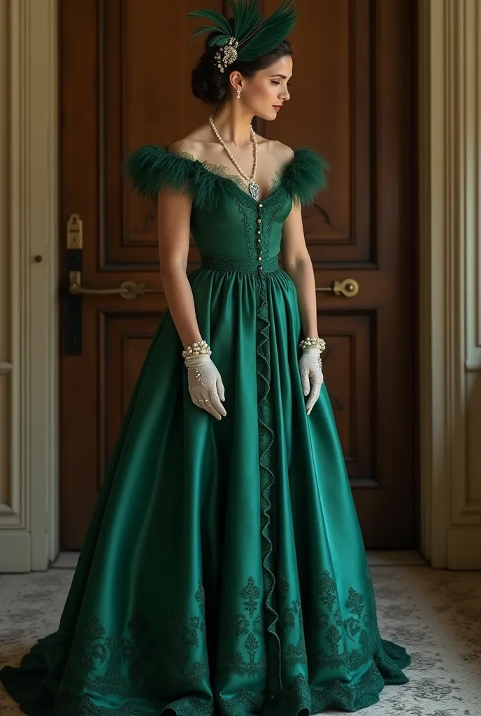 Gown: long, Edwardian-style dress in soft yet rich fabrics like silk or lace, possibly in a deep jewel tone (emerald green or royal blue) to symbolize her newfound strength.
Details: Delicate embroidery or beading, reflecting the sophistication she has gai...