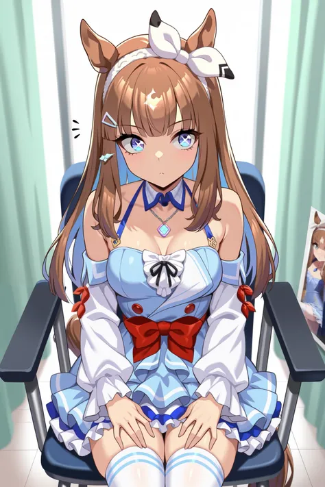 (masterpiece, ultra high definition, 16k, RAW photo, intricate), (sharp focus, crisp details), rich colors, vibrant details, noise reduction, 1girl , ((almond eye \( Uma Musume\)), Infirmary, sitting chair, Put your hands on your thighs, official costume...