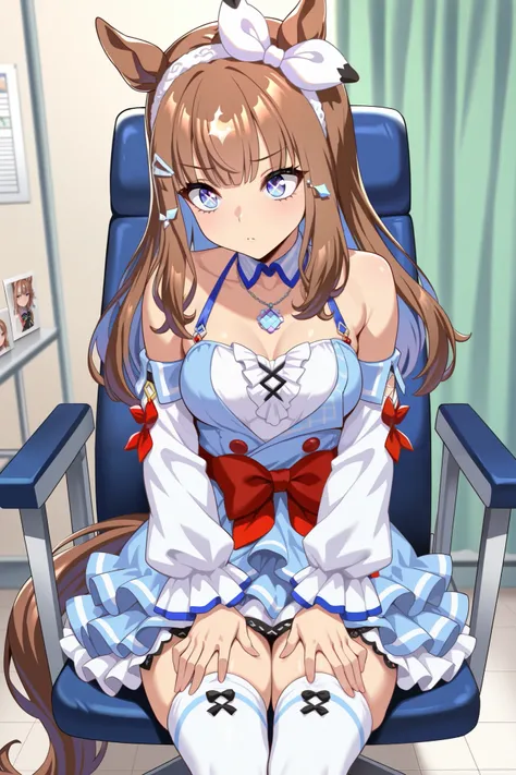 (masterpiece, ultra high definition, 16k, RAW photo, intricate), (sharp focus, crisp details), rich colors, vibrant details, noise reduction, 1girl , ((almond eye \( Uma Musume\)), Infirmary, sitting chair, Put your hands on your thighs, official costume...