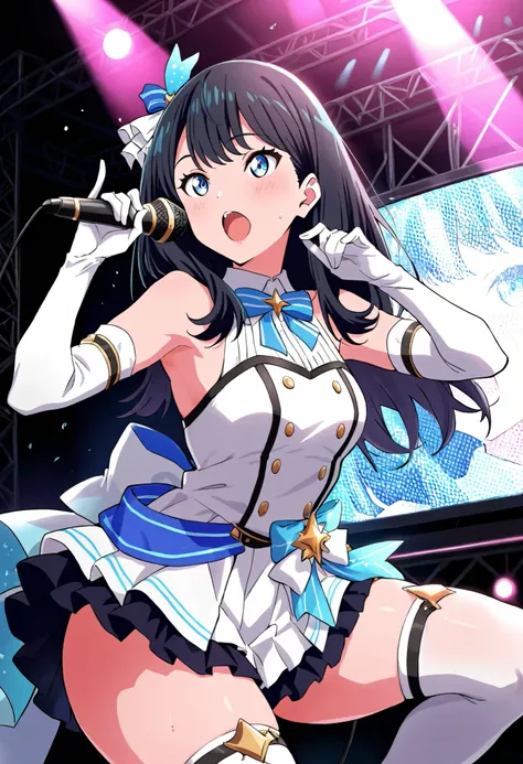 Score_9, score_8_up, score_7_up, rikka takarada, solo, black hair, long hair, blue eyes, (small breasts:0.7), thick thighs, (best quality), (high quality), {masterpiece}, extremely delicate and beautiful, ultra-detailed, beautiful detailed eyes, idol, idol...