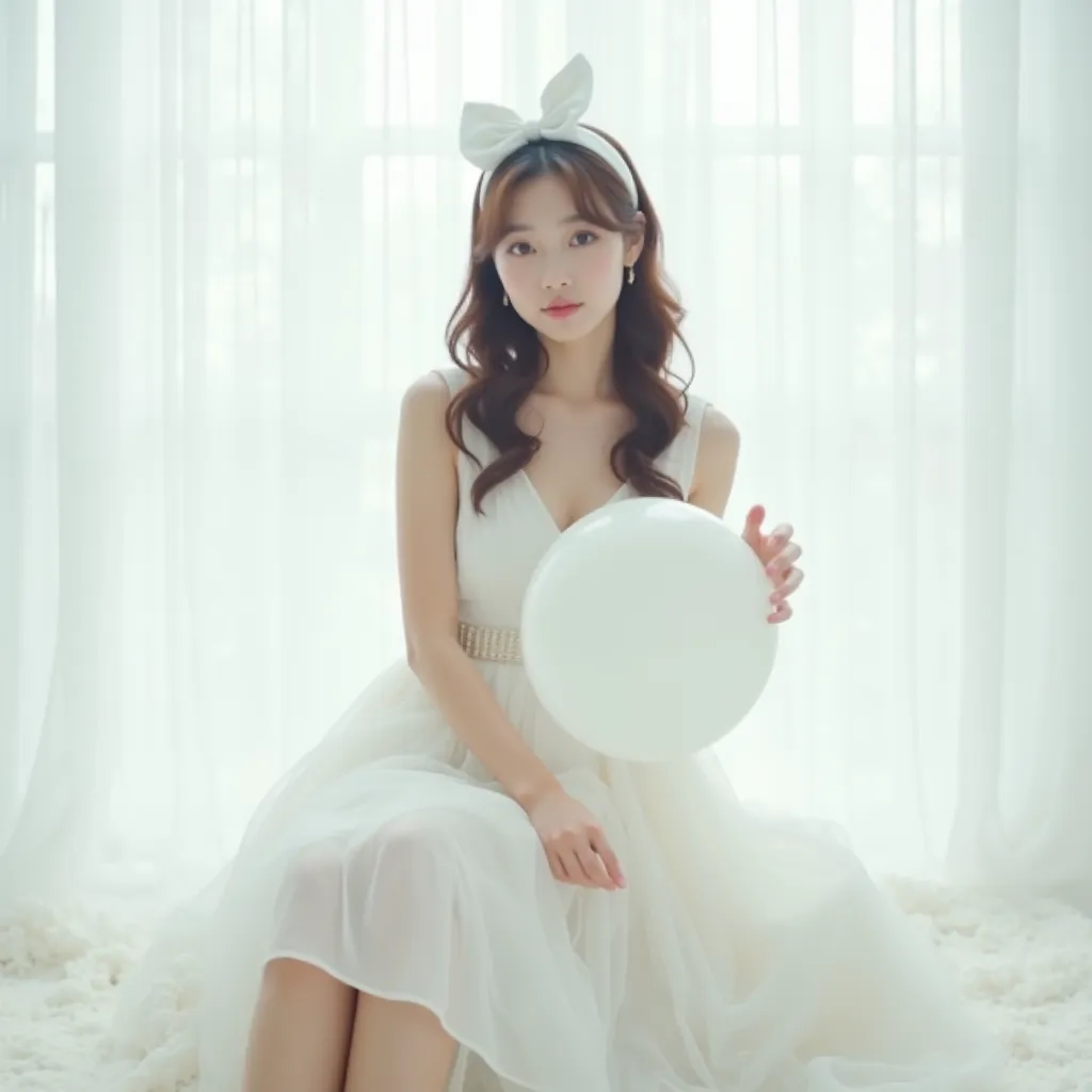 Create a kpop female idol of 5 member with concept photos of 'dreamy land', wearing white sleeveless dress, white headband/bow, sitting in a white room, holding white big ball/balloon, white sheer curtain background