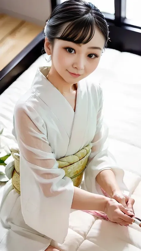 ((girl in white yukata, see-through:1.2, Chest, lying down:1.5 futon sheets :1.3, from above:1.3, hostel, indoor, focused on the face:1.2, flameout hands:1.15, very beautiful face, Japanese Idols Who Can See Their Breasts, viewers:1.4, detailed faces:1.3 c...