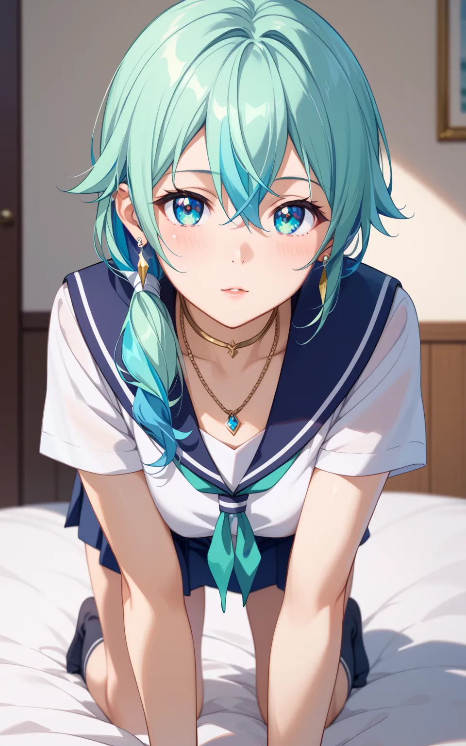  shino roasted、 solo、is shy、shortcuts、 aqua colored hair、 Silky Hair、beautiful hair、bangs between eyes、light blue eyes、 beautiful eyes、shining eyes、beautiful skin on hands、textured skin、 sailor suit、Short sleeve、 miniskirt、loose socks、crystal earrings、neck...