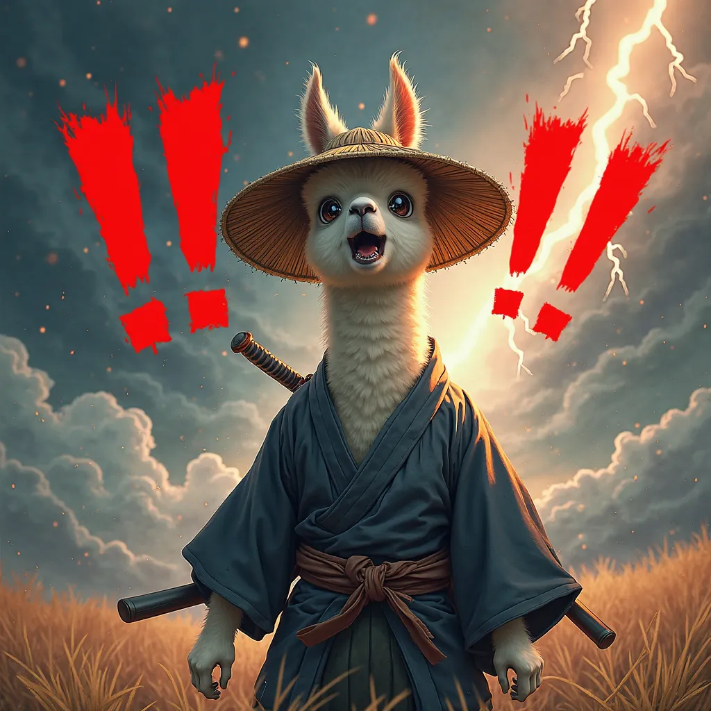 
1. "!!"
Depict an alpaca samurai in the middle of a battlefield, eyes wide with shock and intensity, as if he just witnessed something unbelievable. His straw kasa (hat) is blown off by the wind, revealing his fur bristling in heightened alertness. His ka...