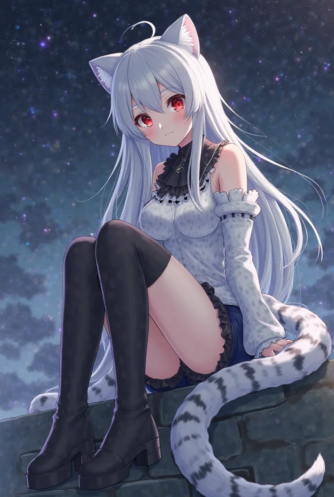 wears a frill neck blouse, and black blue shorts. {x} Please draw a female character with the ears and tail of a snow leopard. She has long silver hair,, This looks like a female character with red eyes. wears long socks and black boots up to the knee,, in...